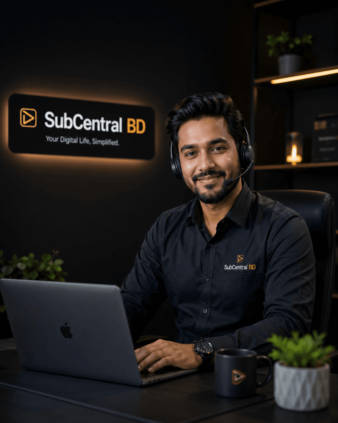 Friendly SubCentralBD support representative guiding a customer through premium subscription access